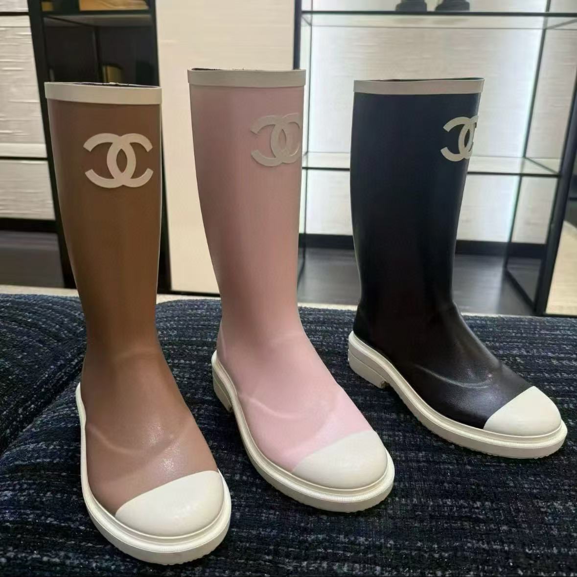 CHANE1 高品質ダブルCカラーブロックレインブーツ【50％割引+送料無料】
