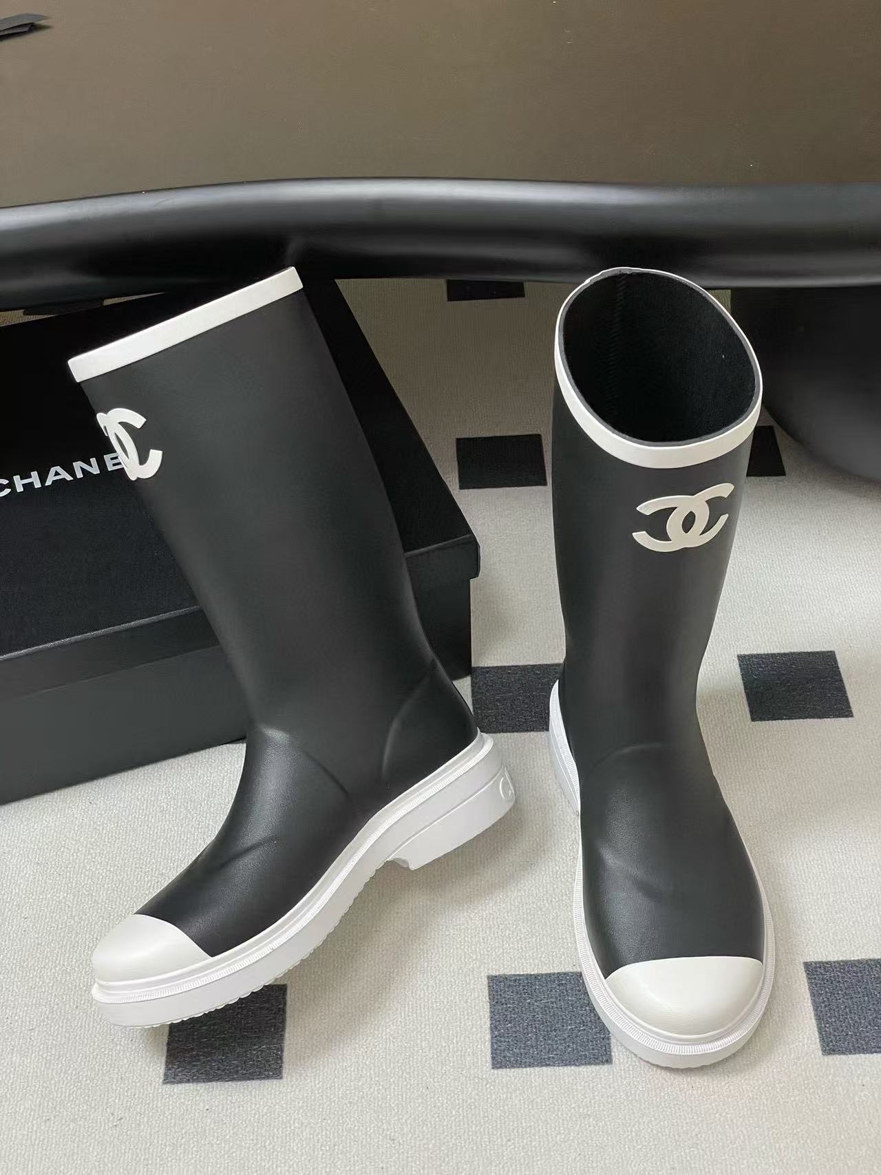 CHANE1 高品質ダブルCカラーブロックレインブーツ【50％割引+送料無料】