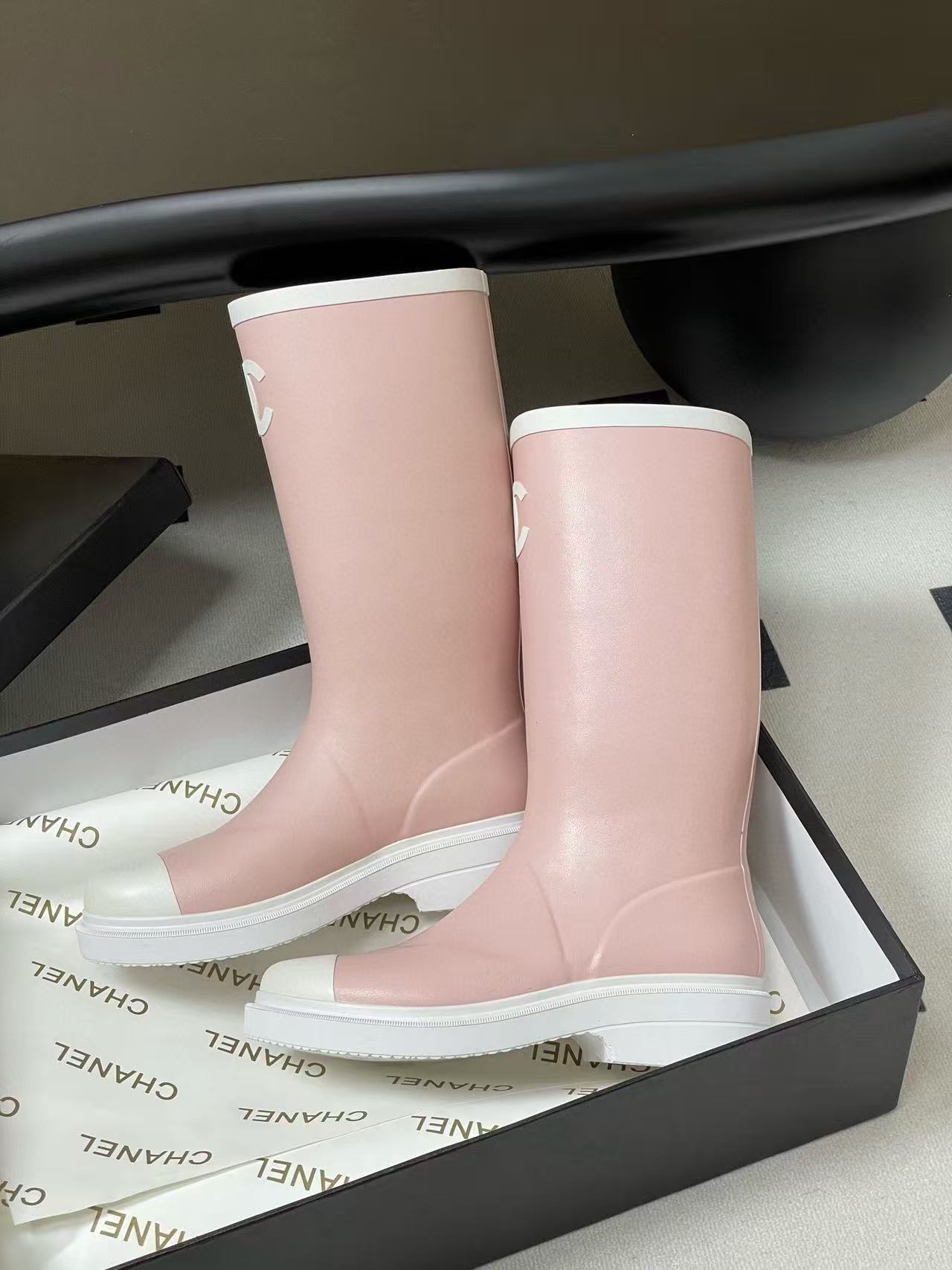 CHANE1 高品質ダブルCカラーブロックレインブーツ【50％割引+送料無料】