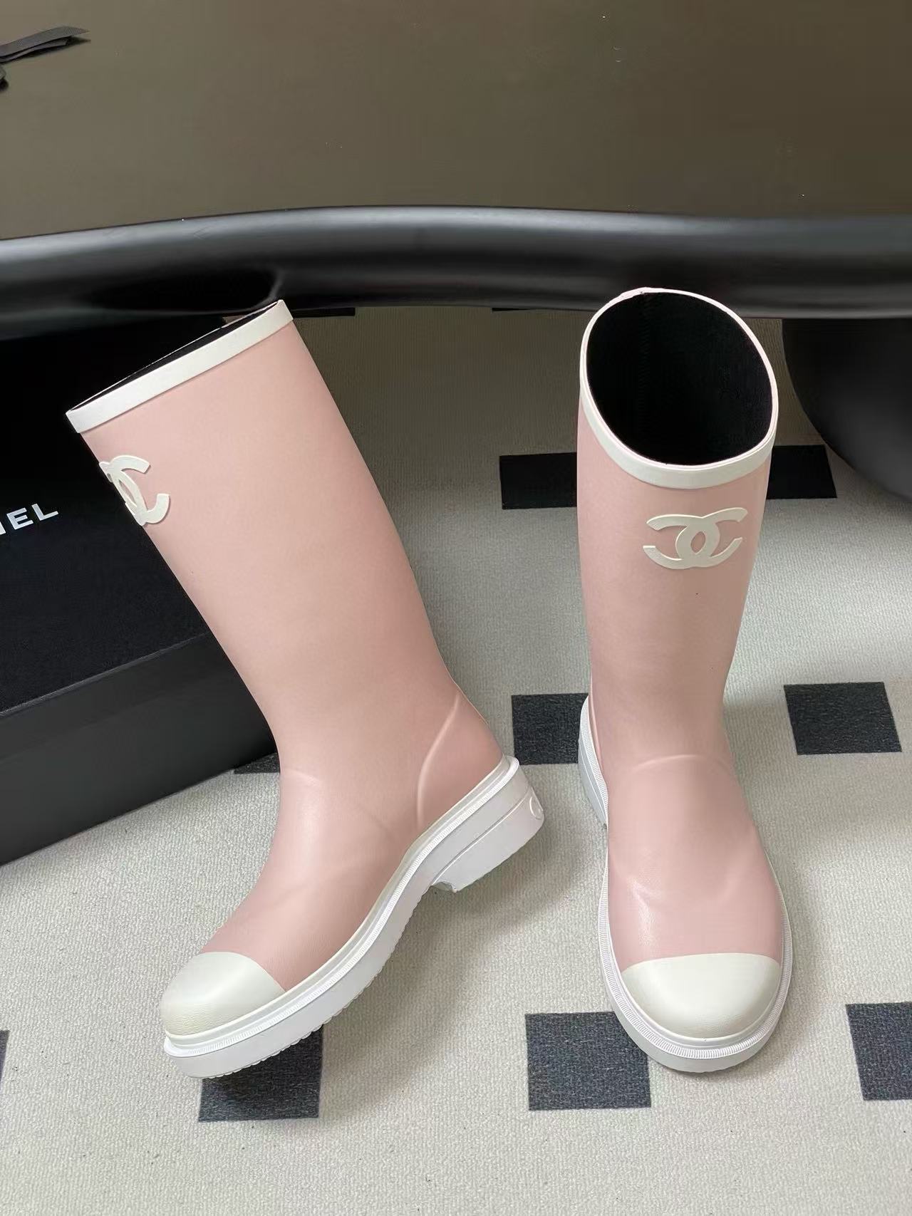 CHANE1 高品質ダブルCカラーブロックレインブーツ【50％割引+送料無料】