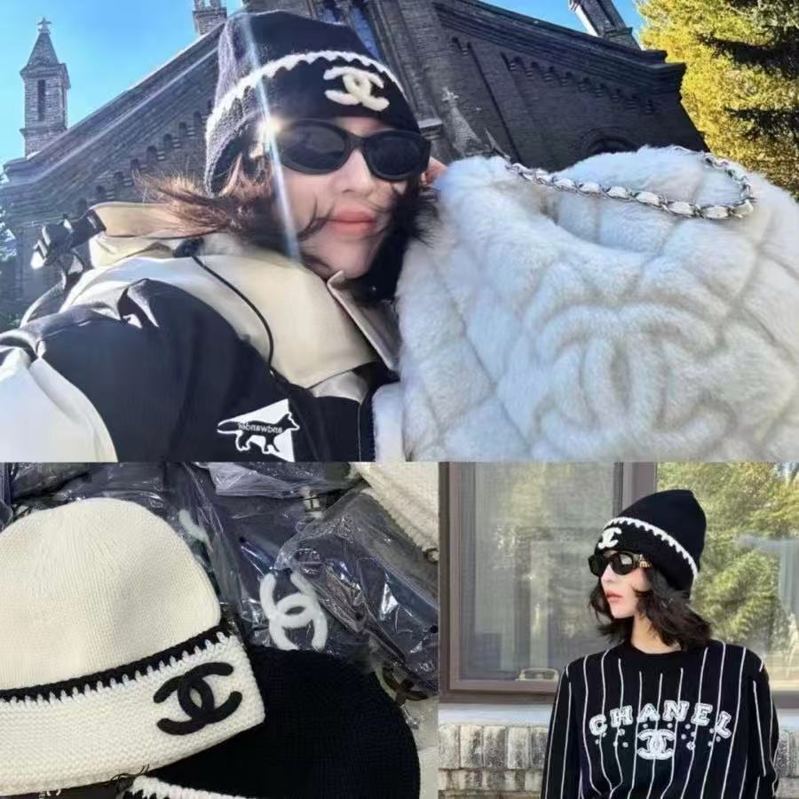 CHANE1 ダブルC カラーブロック ウールハット【50％割引+送料無料】