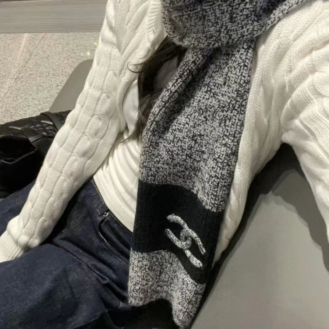 CHANE1 ダブルC カラーブロック カシミアスカーフ【50％割引+送料無料】