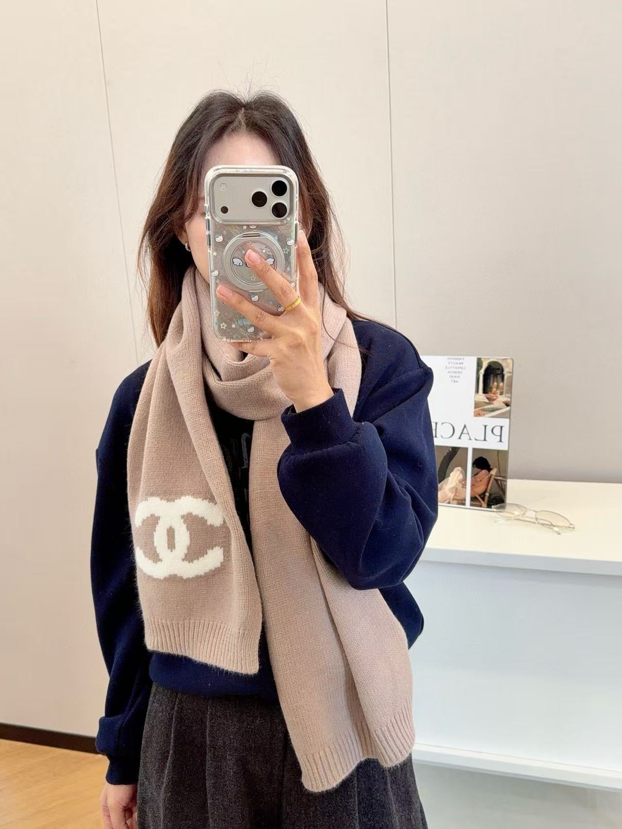 CHANE1 シンプルダブルC カシミアスカーフ【50％割引+送料無料】