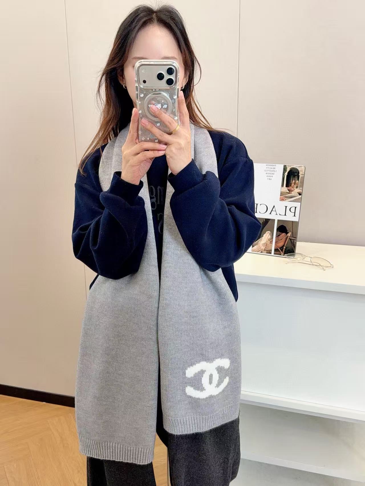 CHANE1 シンプルダブルC カシミアスカーフ【50％割引+送料無料】