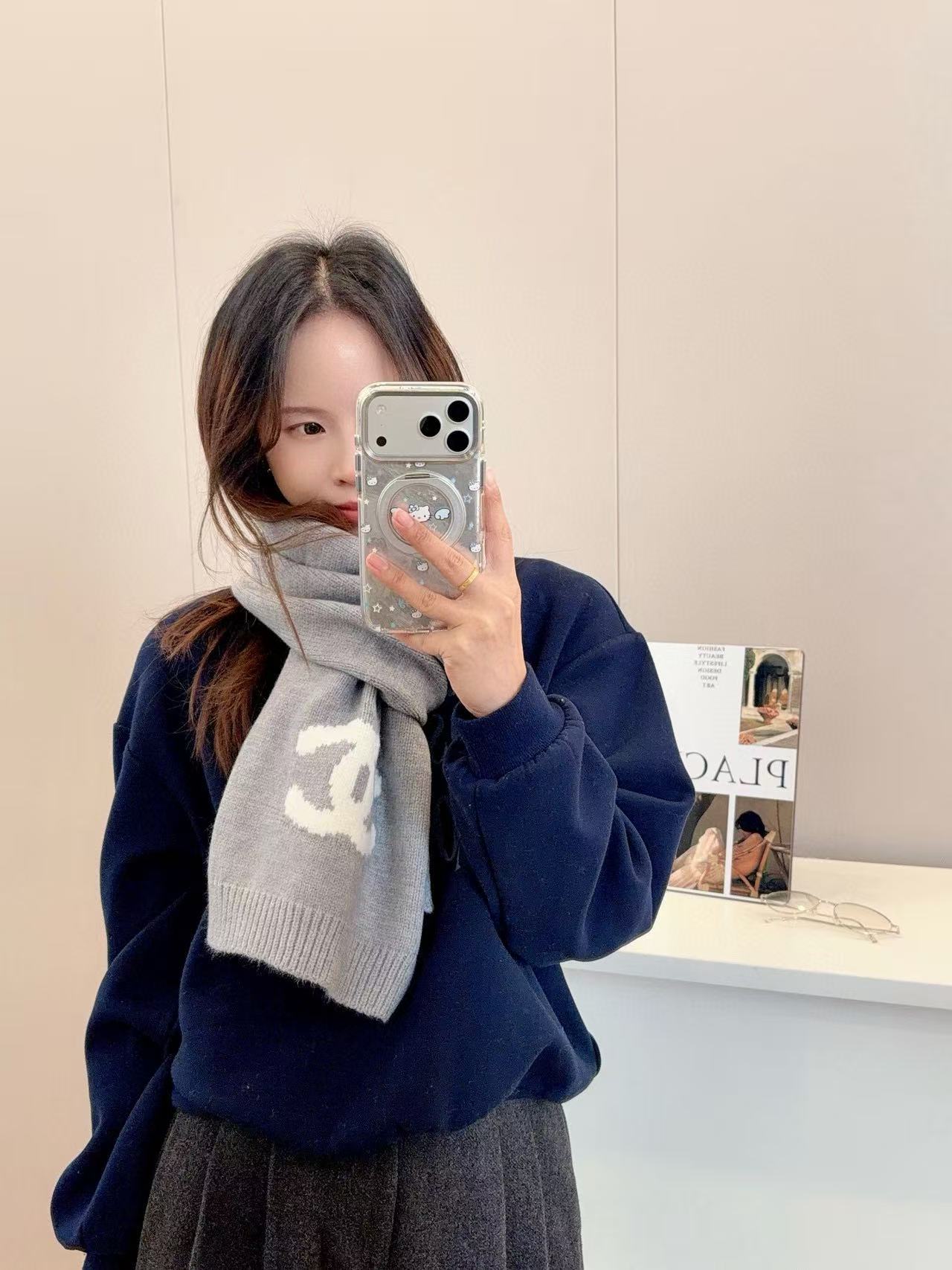 CHANE1 シンプルダブルC カシミアスカーフ【50％割引+送料無料】