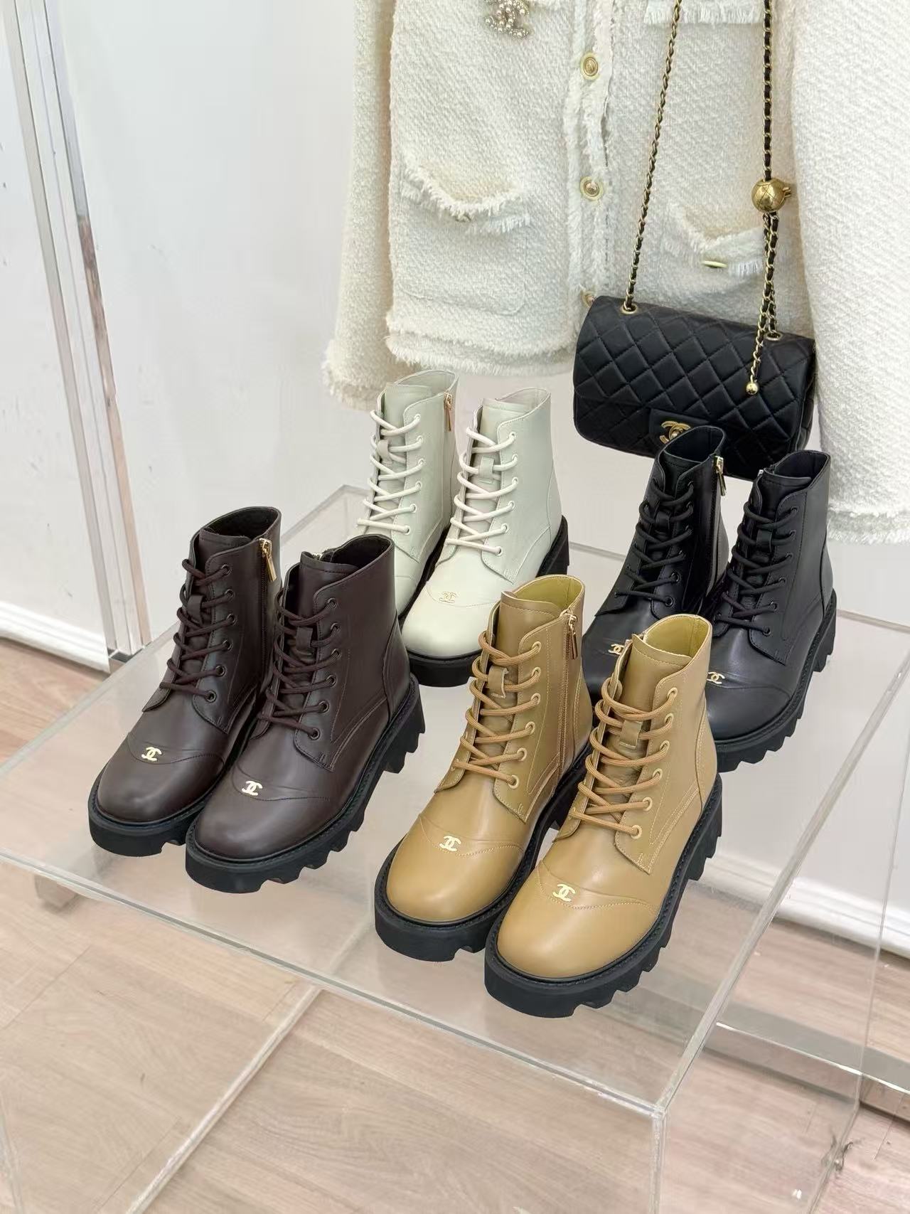 CHANE1 高品質ダブルC レースアップ アンクルブーツ【50％割引+送料無料】