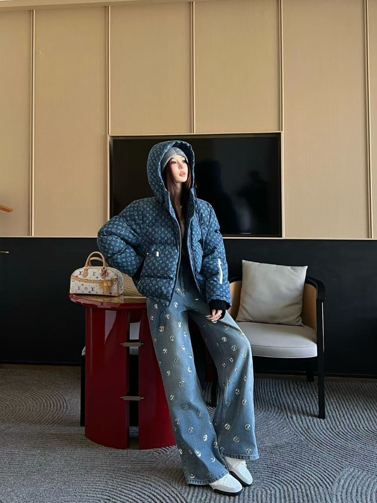 LVフード付きドローストリングジッパーデニムダウンジャケット【50％割引+送料無料】