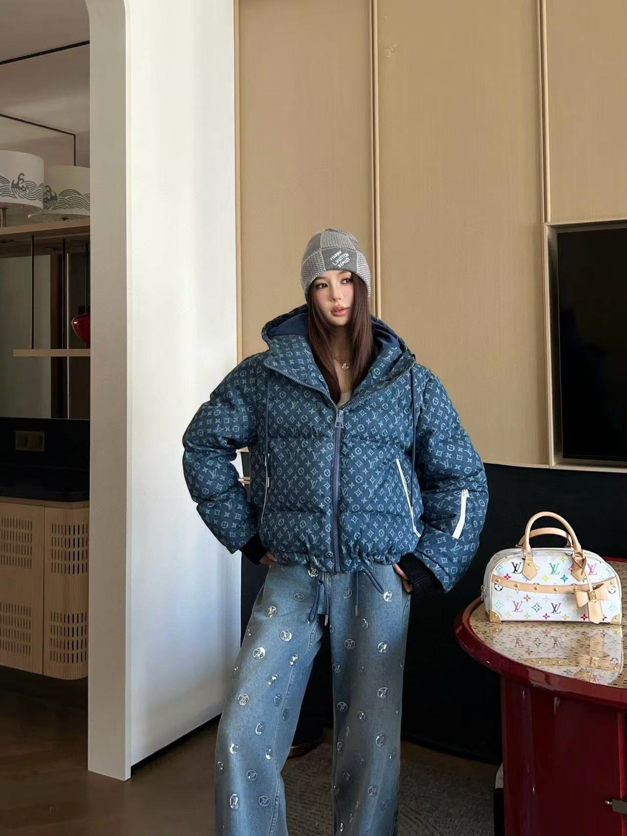 LVフード付きドローストリングジッパーデニムダウンジャケット【50％割引+送料無料】