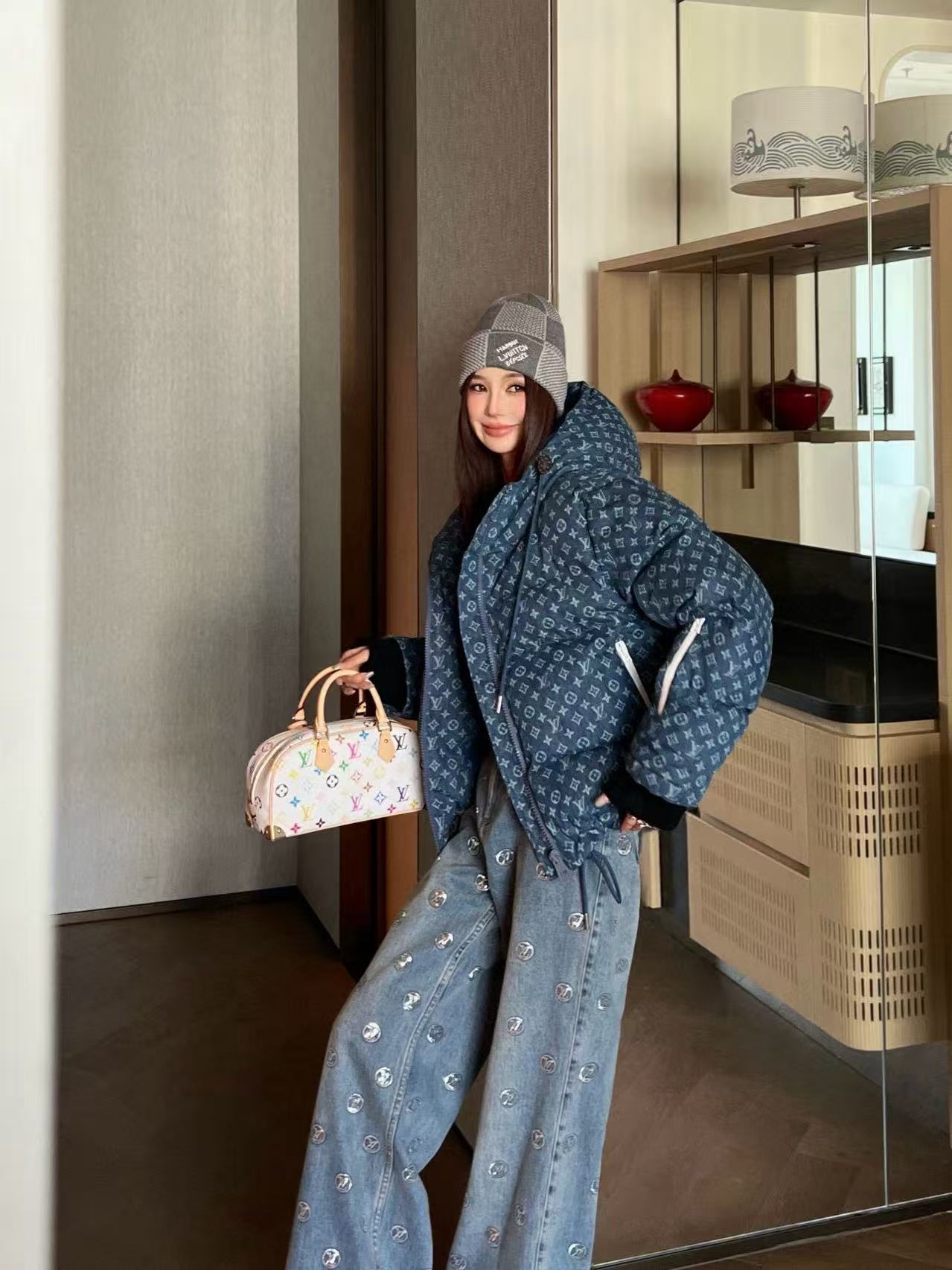 LVフード付きドローストリングジッパーデニムダウンジャケット【50％割引+送料無料】