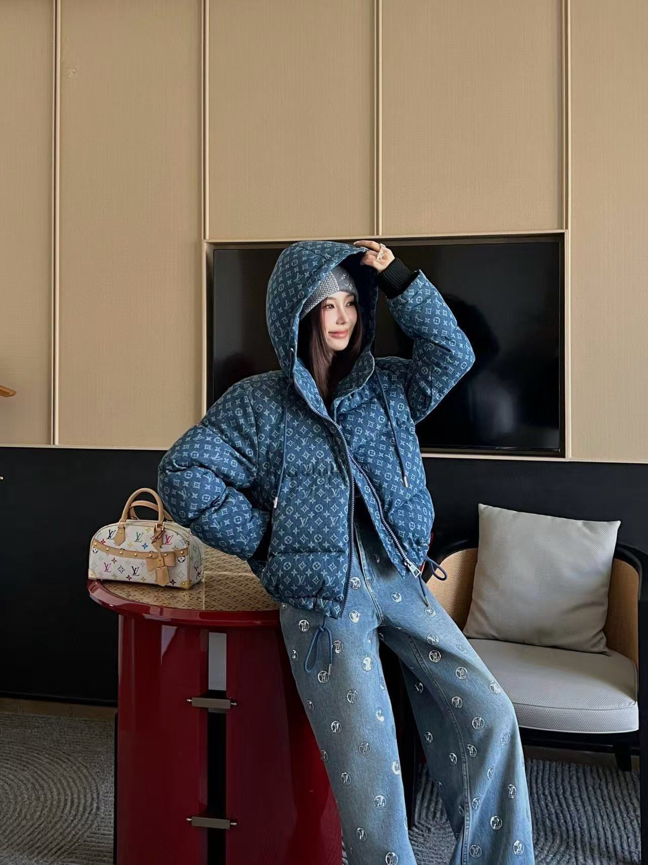 LVフード付きドローストリングジッパーデニムダウンジャケット【50％割引+送料無料】