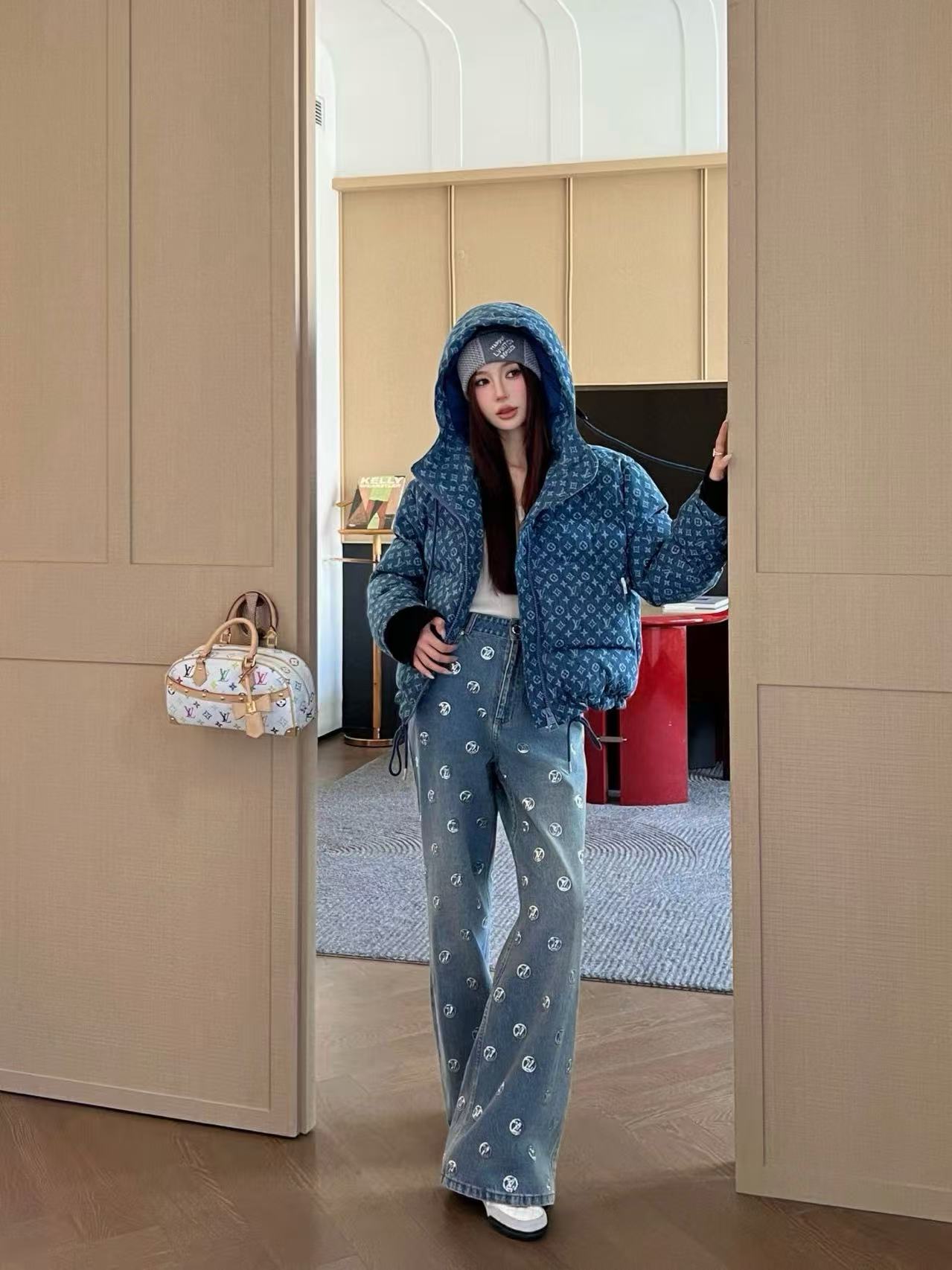 LVフード付きドローストリングジッパーデニムダウンジャケット【50％割引+送料無料】