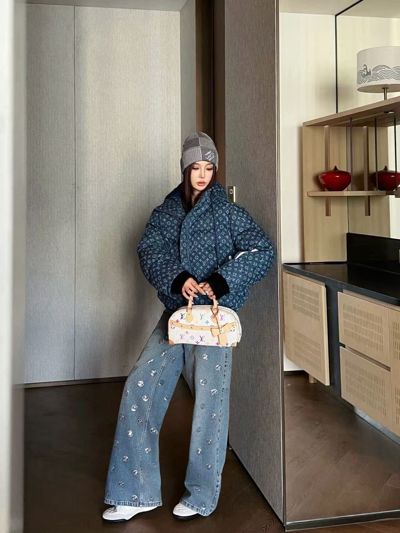 LVフード付きドローストリングジッパーデニムダウンジャケット【50％割引+送料無料】