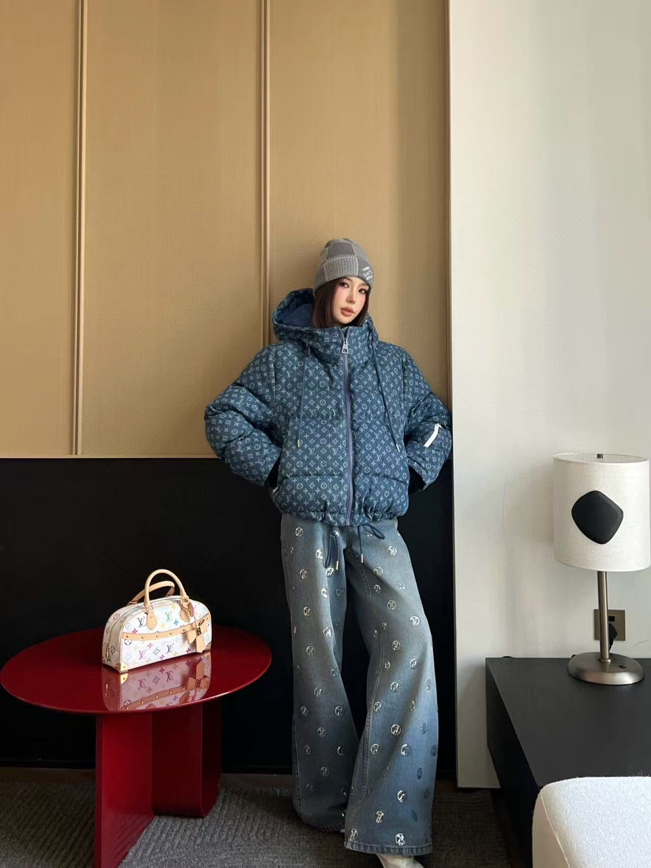 LVフード付きドローストリングジッパーデニムダウンジャケット【50％割引+送料無料】