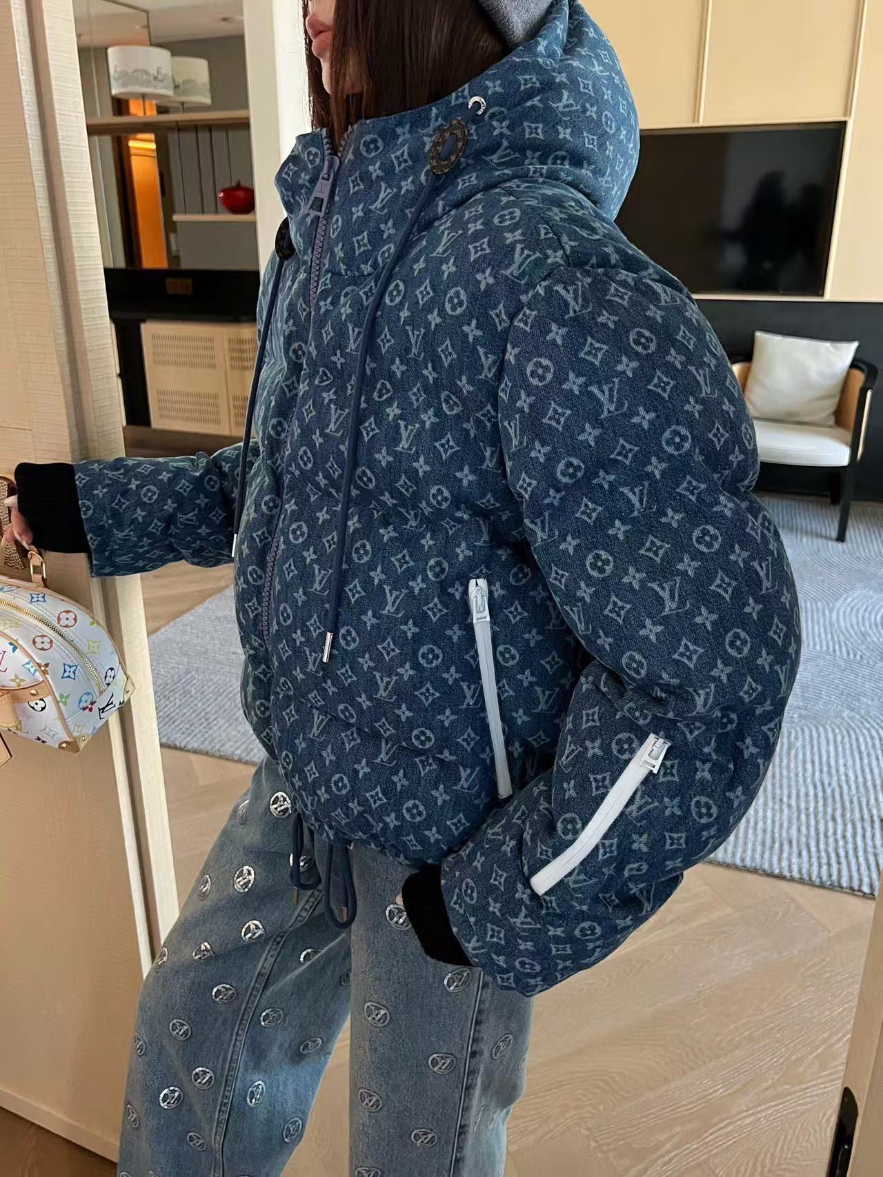 LVフード付きドローストリングジッパーデニムダウンジャケット【50％割引+送料無料】