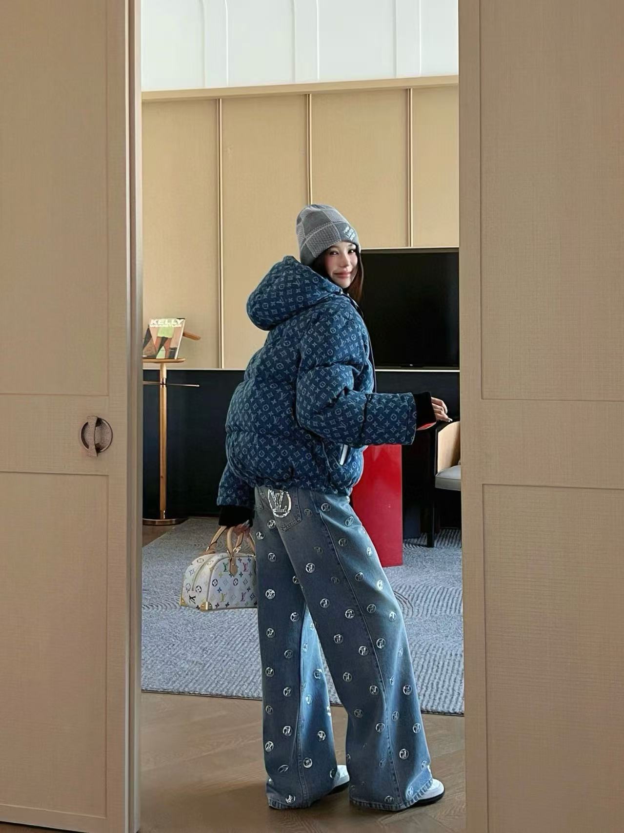 LVフード付きドローストリングジッパーデニムダウンジャケット【50％割引+送料無料】