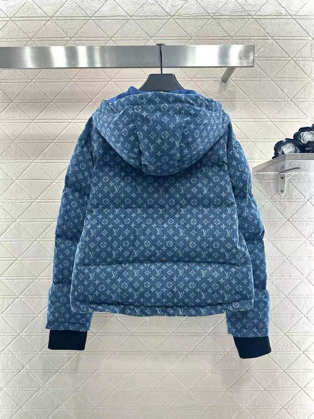 LVフード付きドローストリングジッパーデニムダウンジャケット【50％割引+送料無料】