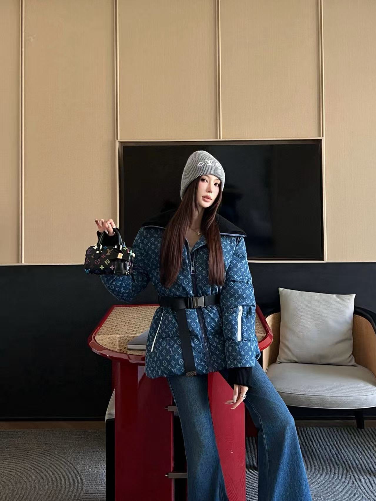 LVプリント ジッパー デニム ダウンジャケット【50％割引+送料無料】