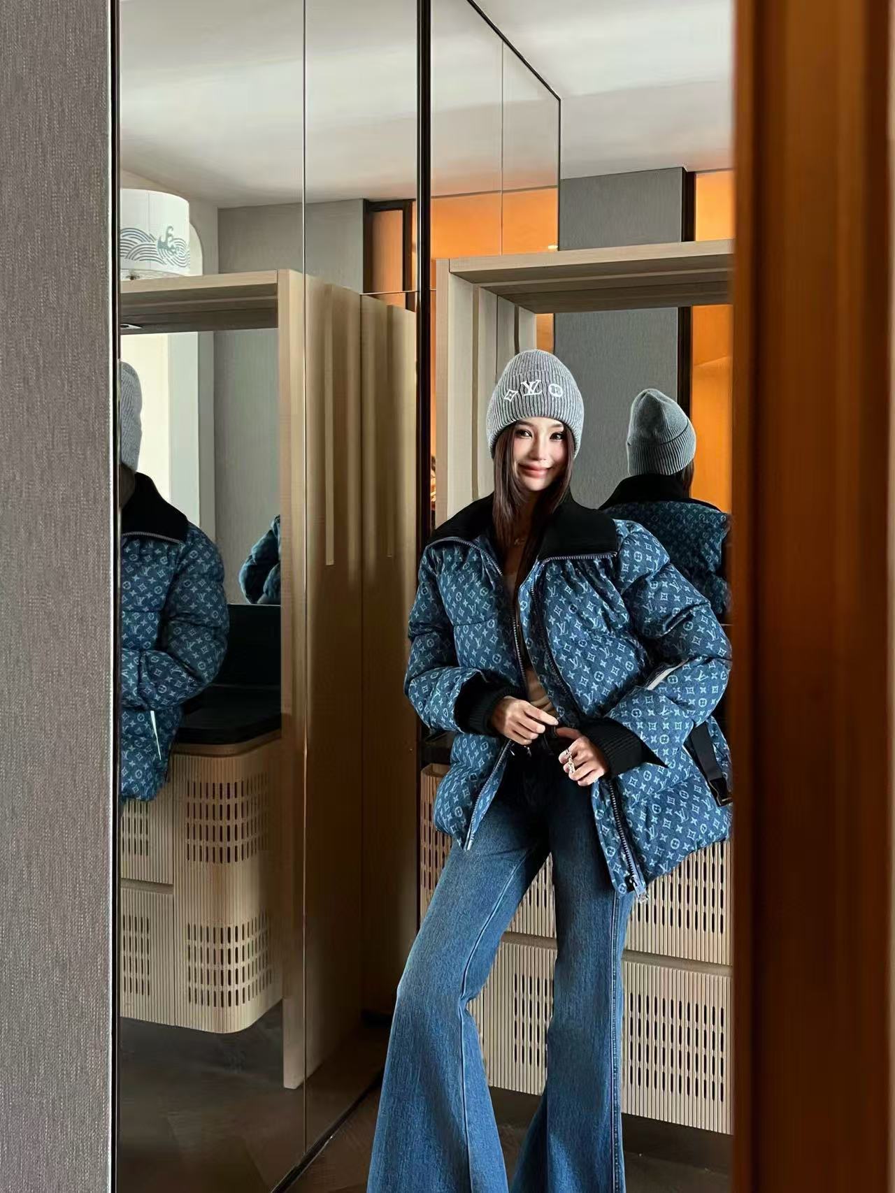 LVプリント ジッパー デニム ダウンジャケット【50％割引+送料無料】