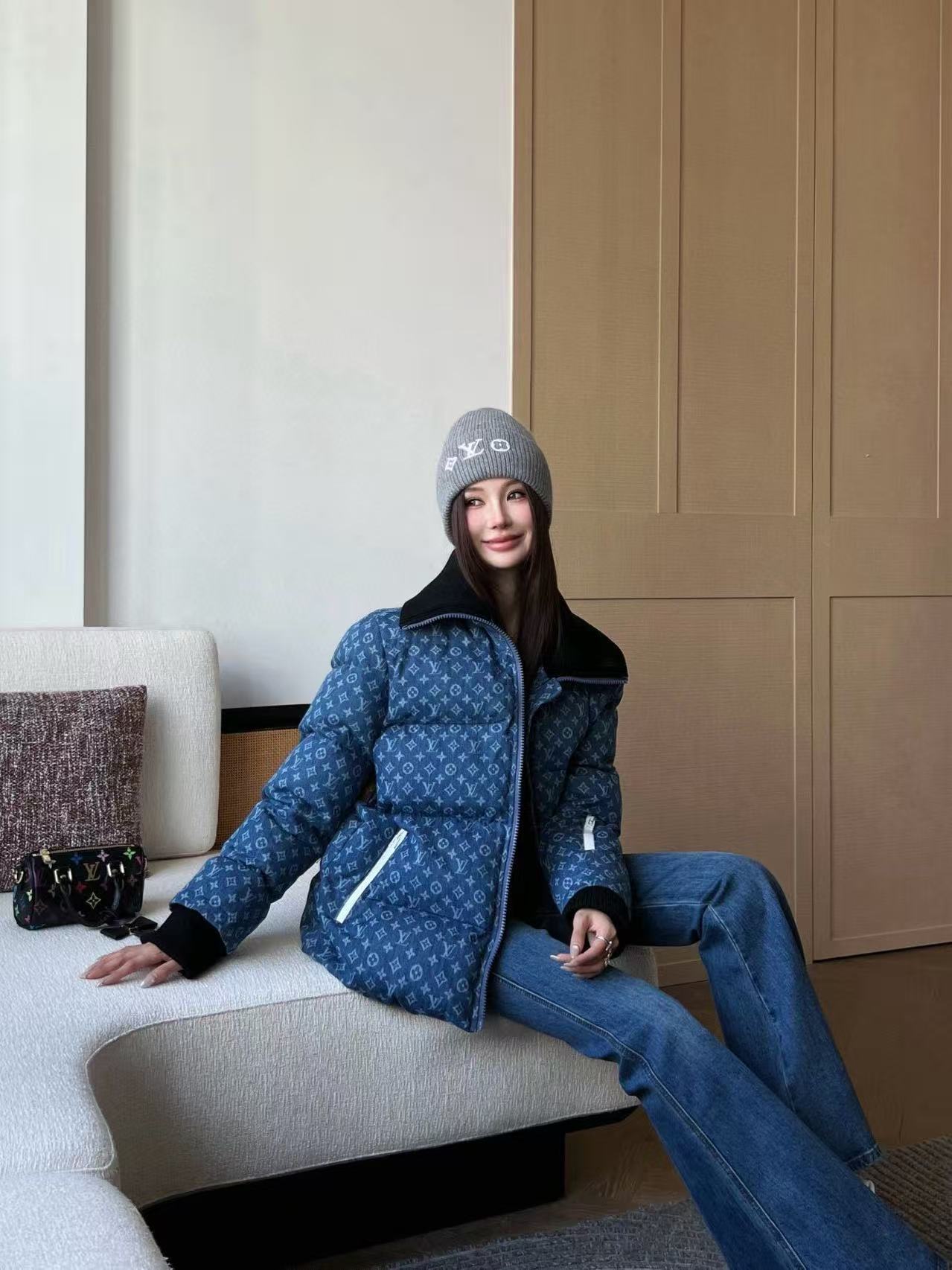 LVプリント ジッパー デニム ダウンジャケット【50％割引+送料無料】