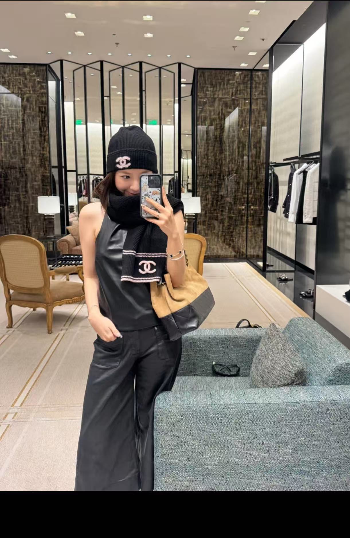 CHANE1 ダブルC カラーブロック ウールスカーフ【50％割引+送料無料】