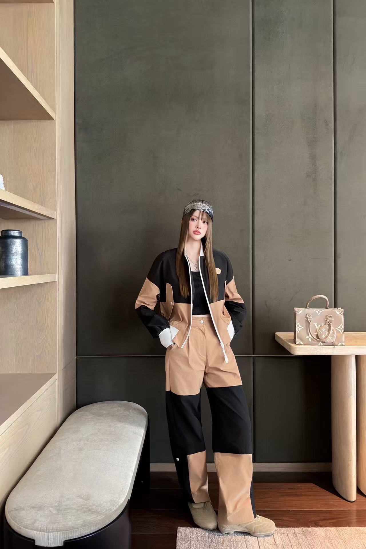 LVカラーブロックジップアップジャケットとパンツのツーピースセット【50％割引+送料無料】