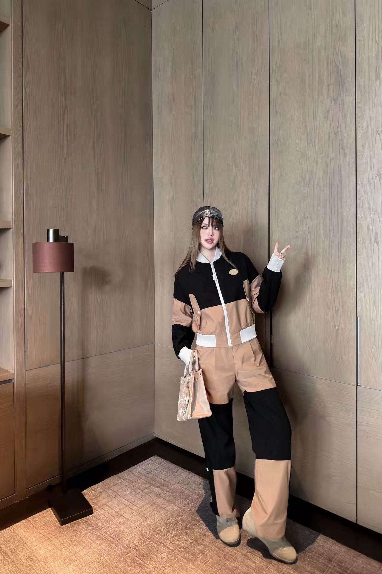 LVカラーブロックジップアップジャケットとパンツのツーピースセット【50％割引+送料無料】