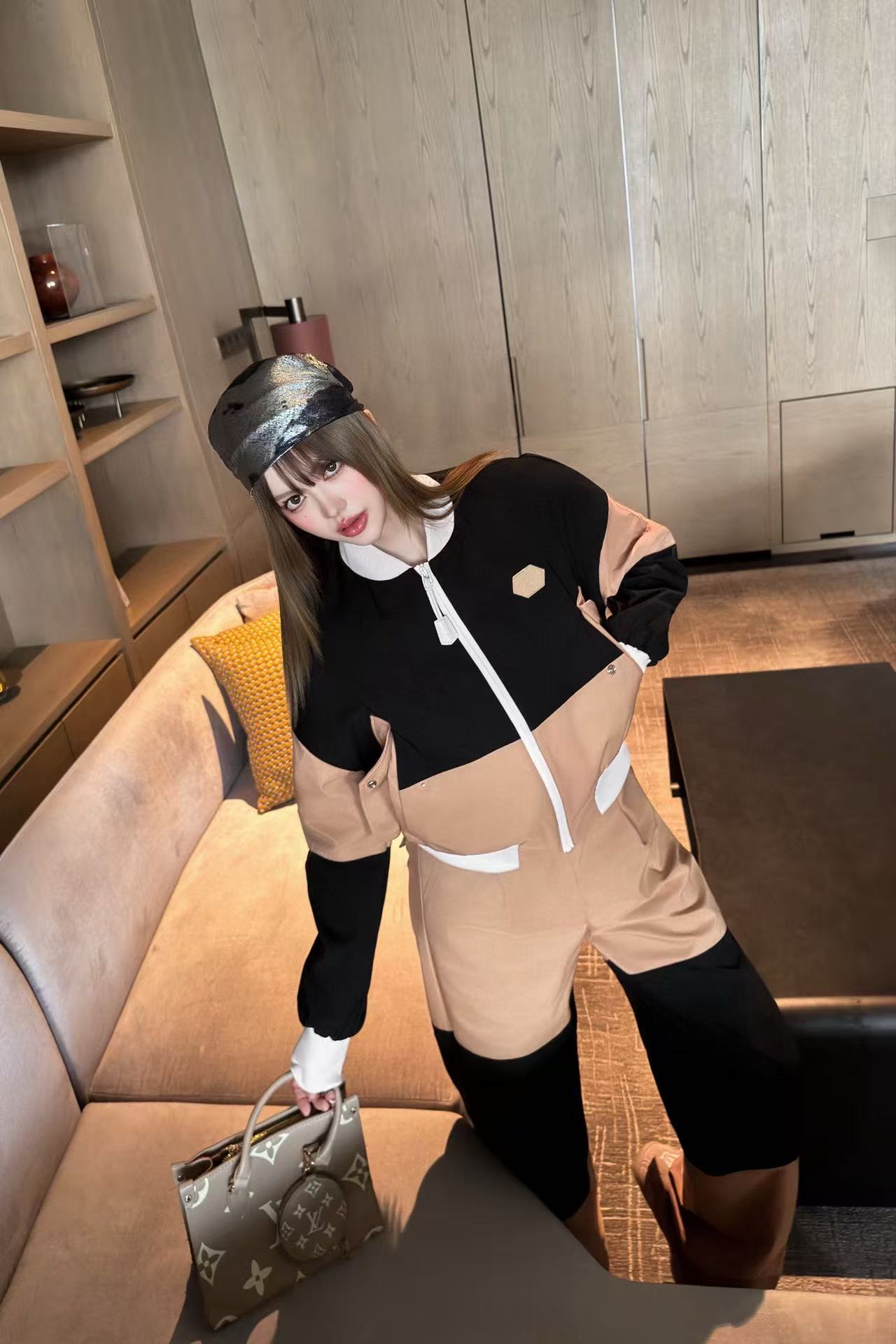 LVカラーブロックジップアップジャケットとパンツのツーピースセット【50％割引+送料無料】