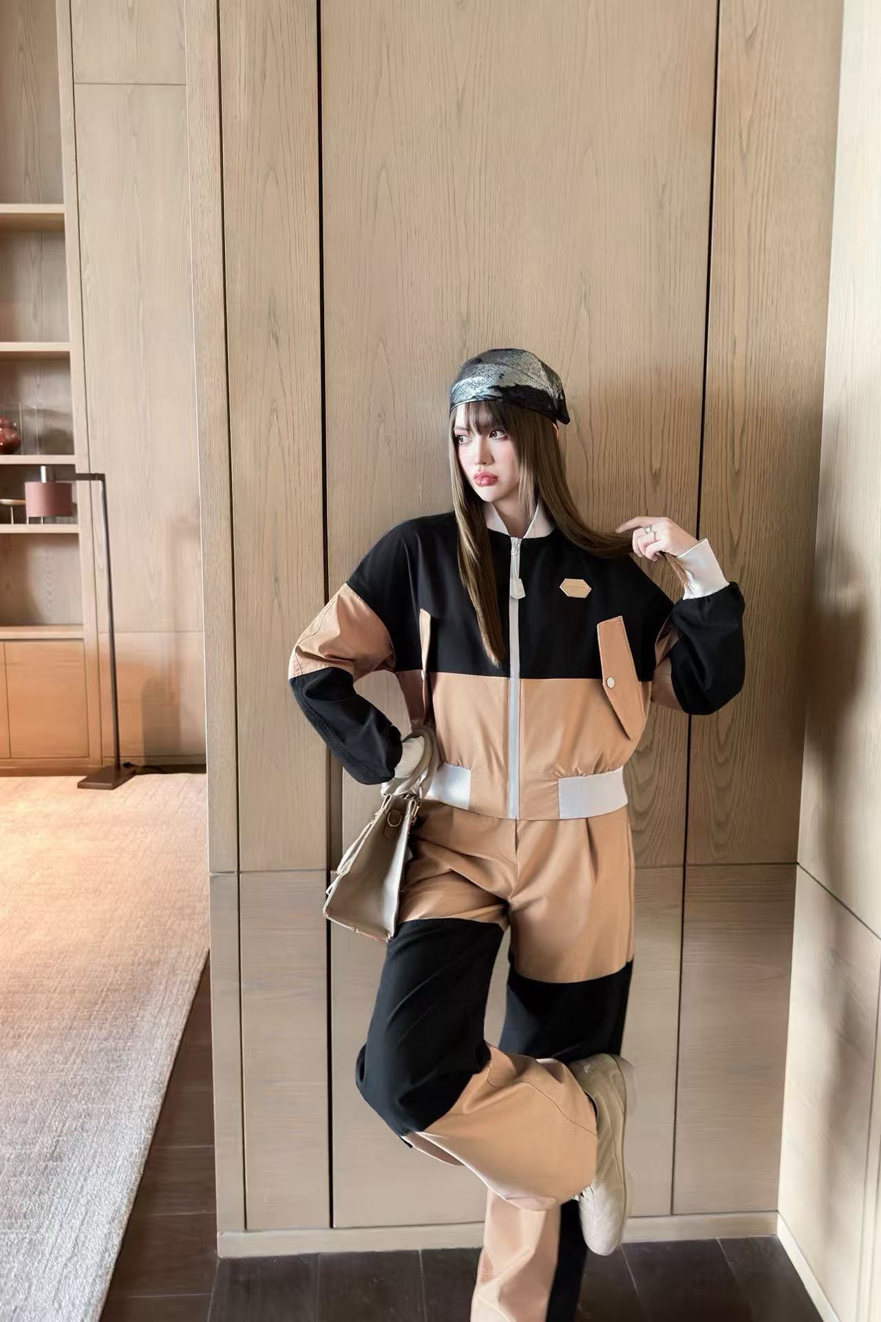 LVカラーブロックジップアップジャケットとパンツのツーピースセット【50％割引+送料無料】