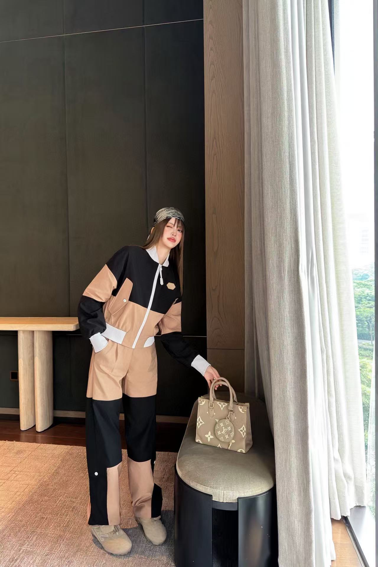 LVカラーブロックジップアップジャケットとパンツのツーピースセット【50％割引+送料無料】