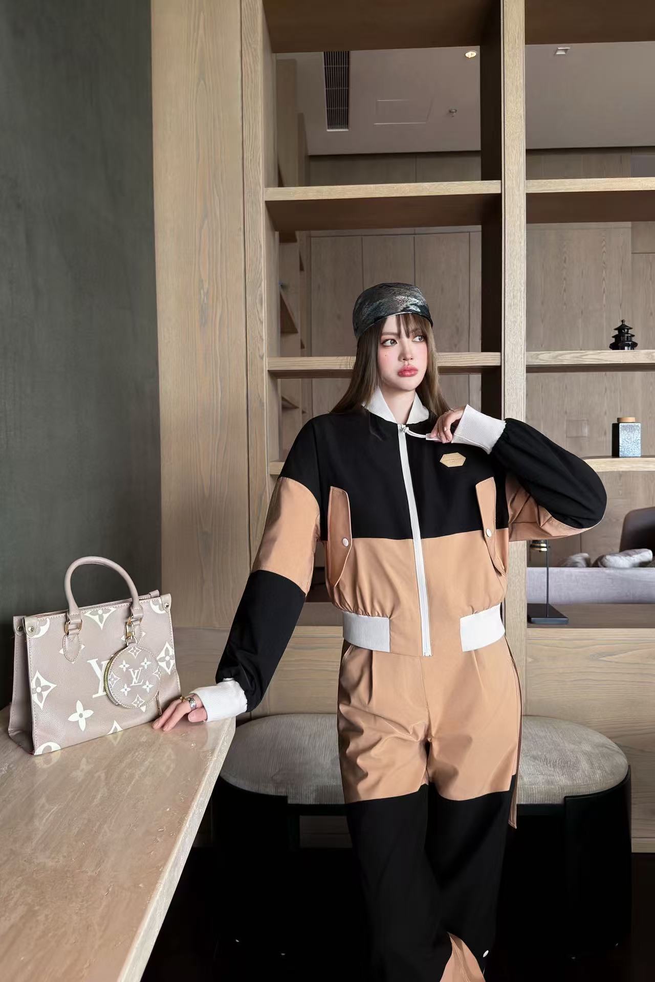 LVカラーブロックジップアップジャケットとパンツのツーピースセット【50％割引+送料無料】