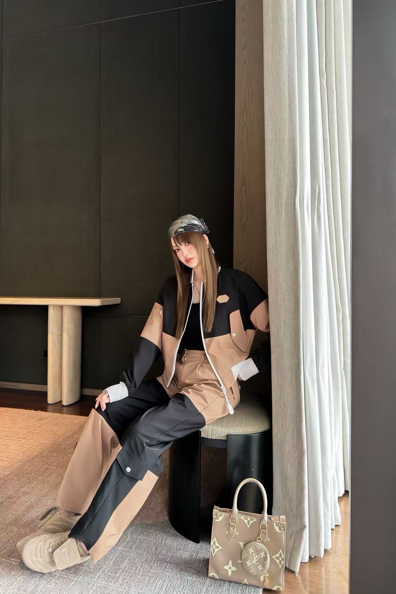 LVカラーブロックジップアップジャケットとパンツのツーピースセット【50％割引+送料無料】