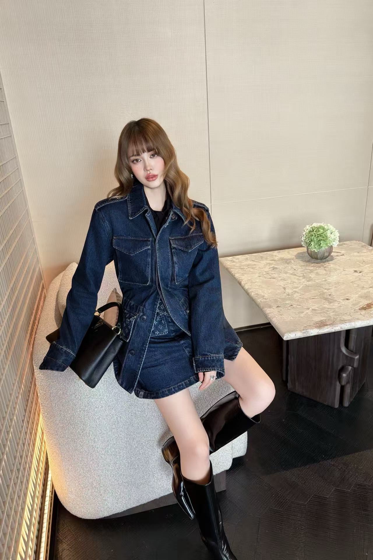 LVデニムジャケットとスカートのツーピースセット【50％割引+送料無料】