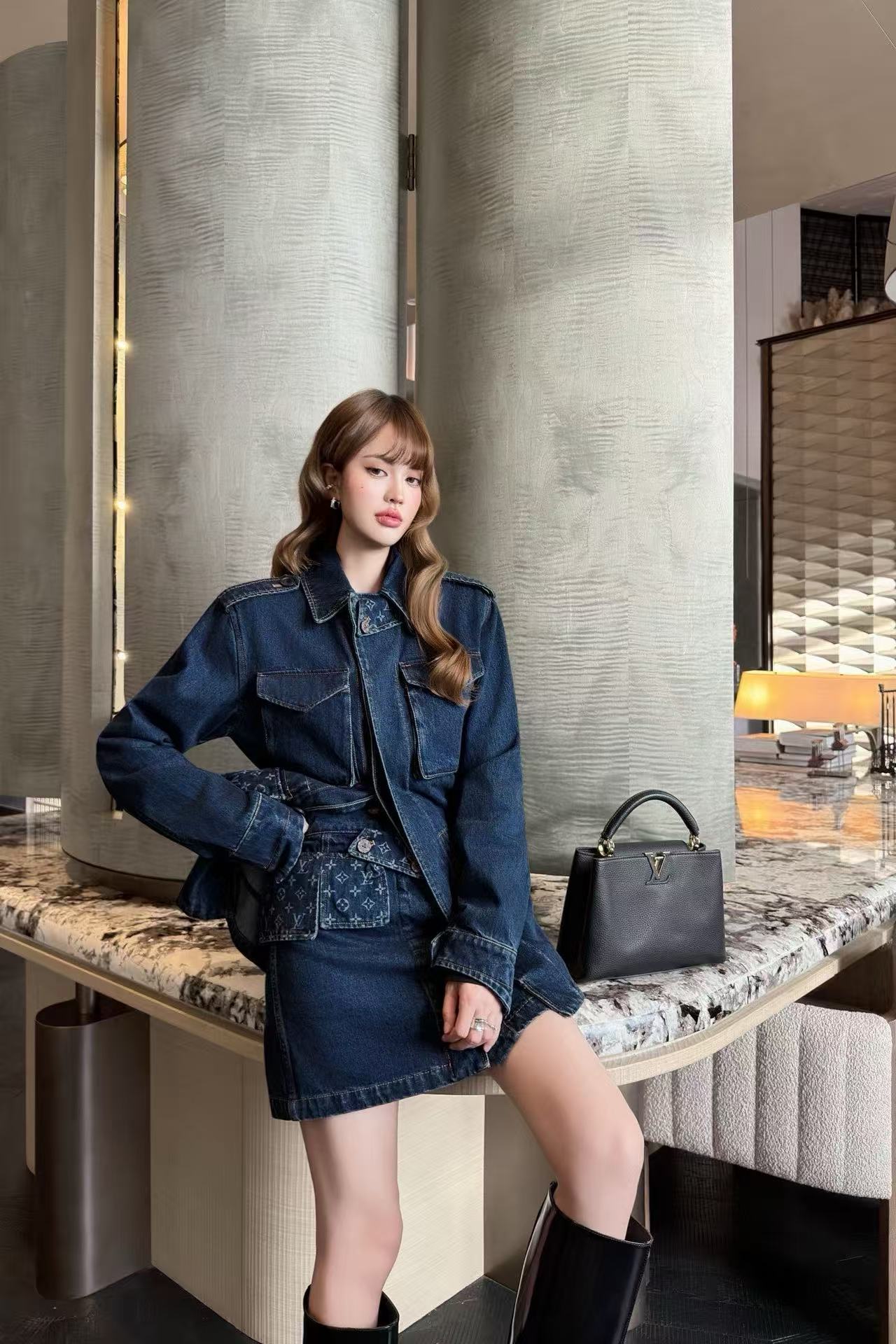 LVデニムジャケットとスカートのツーピースセット【50％割引+送料無料】