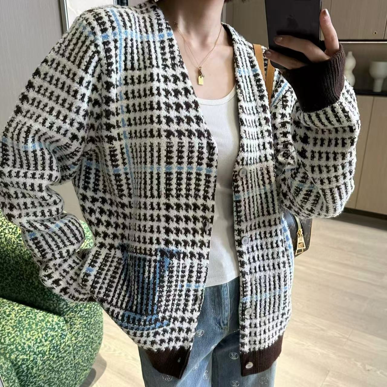 LVハウンドトゥース カーディガン【50％割引+送料無料】