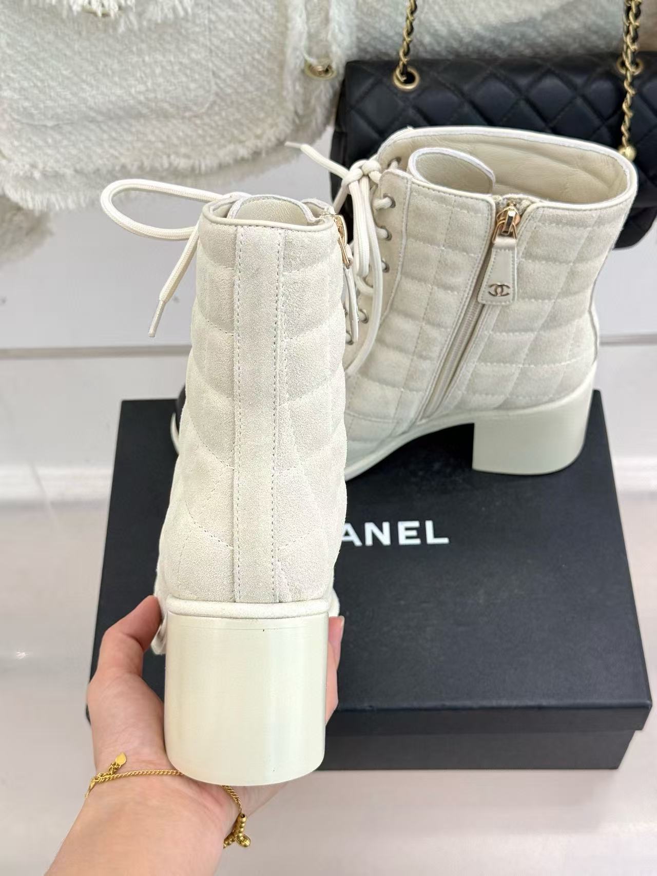 CHANE1 高品質ダブルCチャンキーヒールアンクルブーツ【50％割引+送料無料】