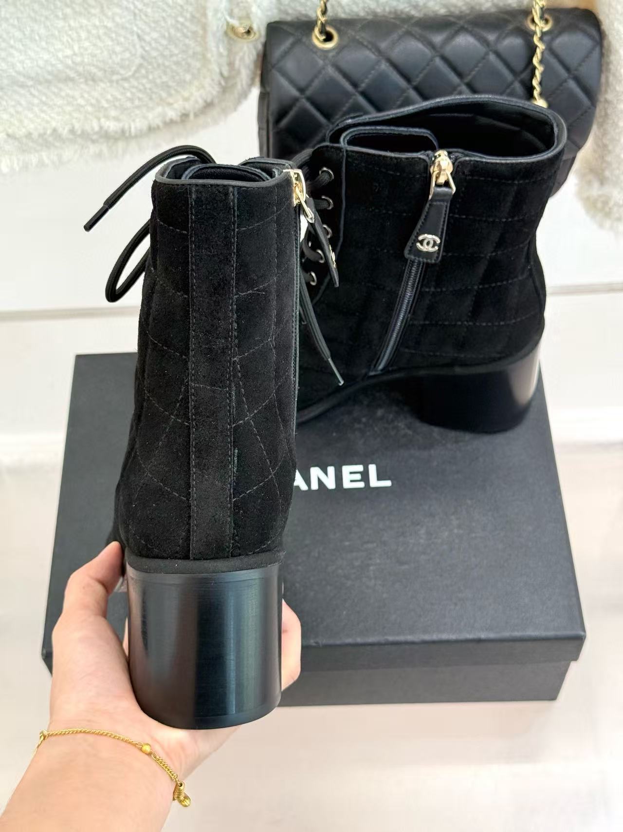 CHANE1 高品質ダブルCチャンキーヒールアンクルブーツ【50％割引+送料無料】