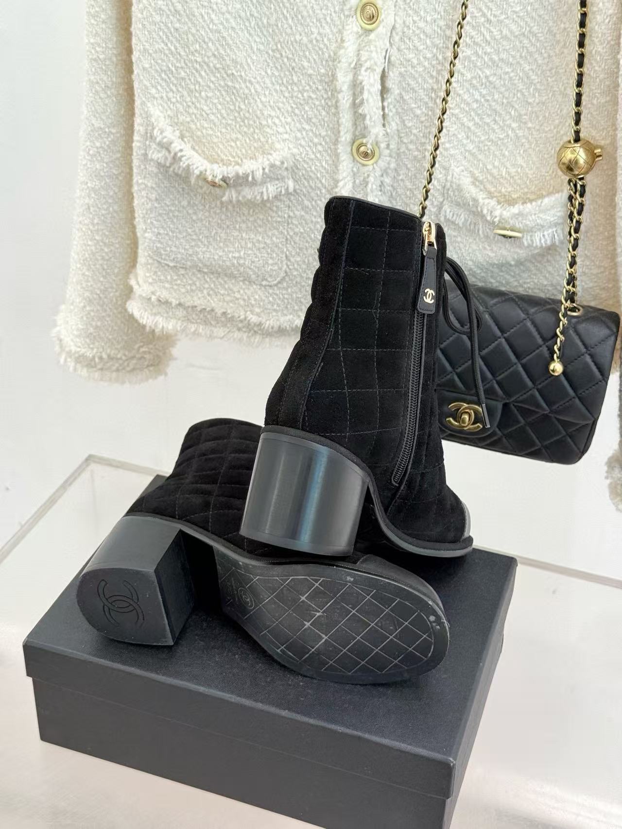 CHANE1 高品質ダブルCチャンキーヒールアンクルブーツ【50％割引+送料無料】