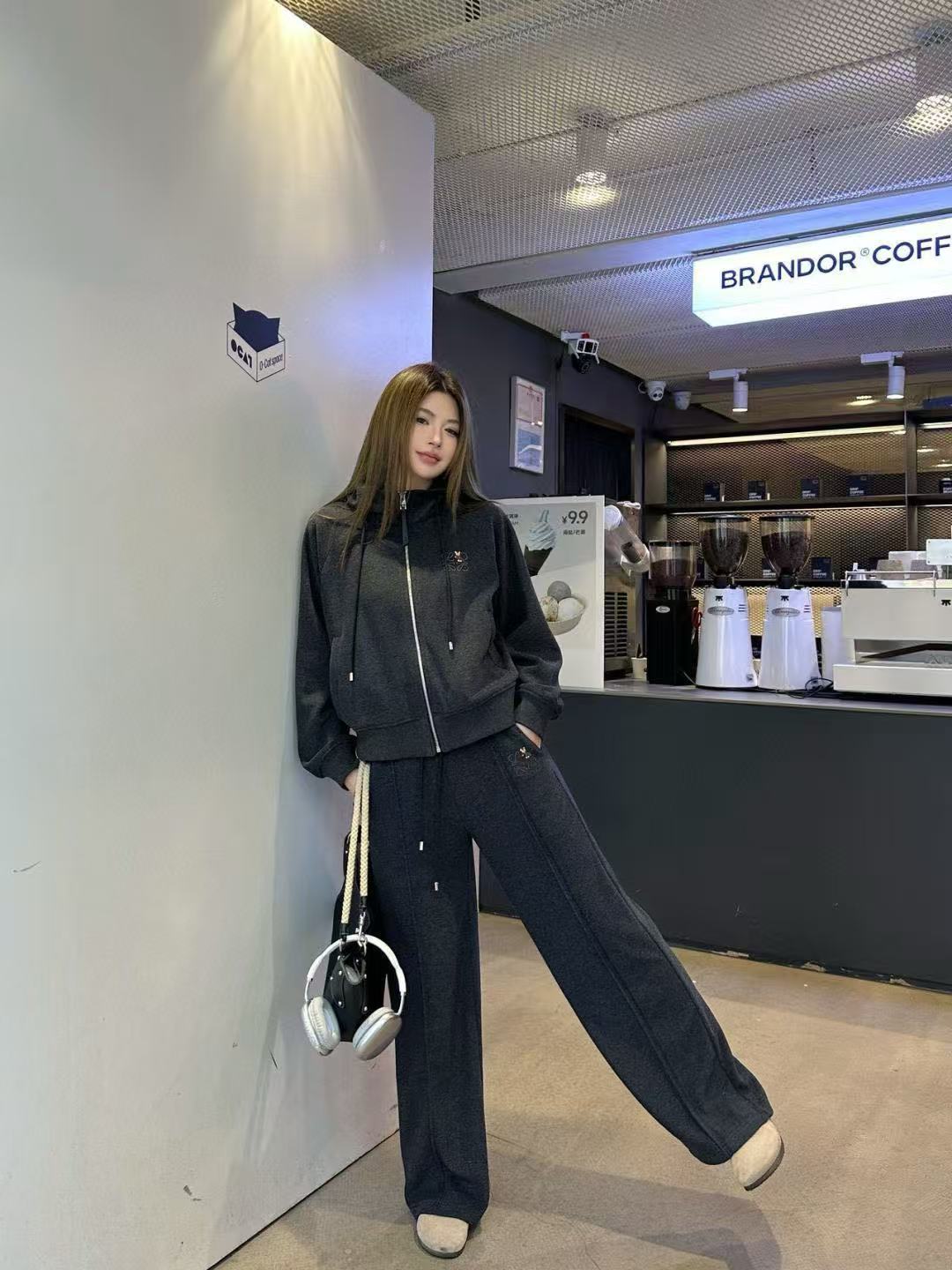 L0WEW フード付き刺繍ジップアップジャケット + パンツ ツーピースセット【50％割引+送料無料】