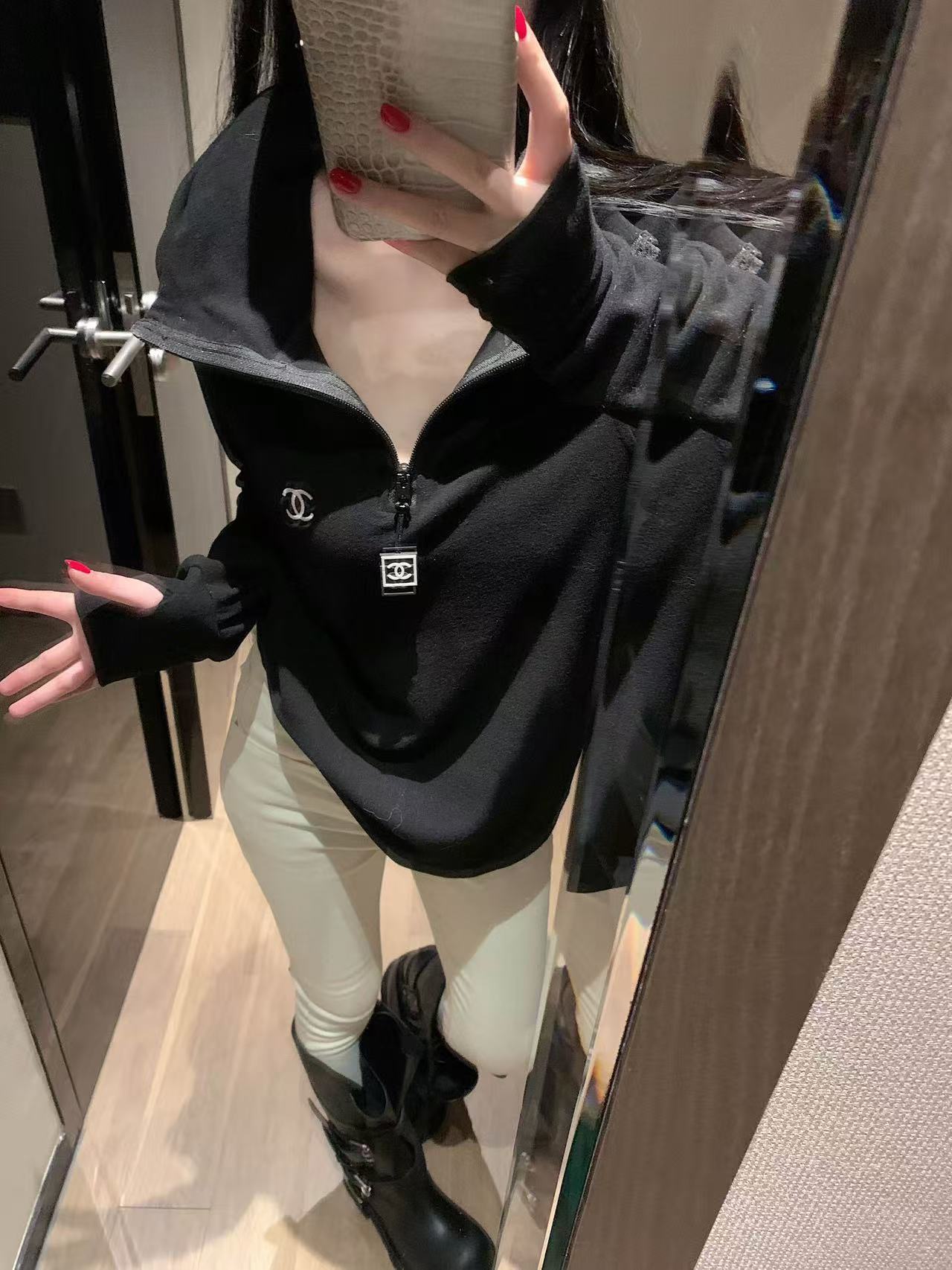 CHANE1 ハーフジップ フード付き ロングスリーブ Tシャツ【50％割引+送料無料】