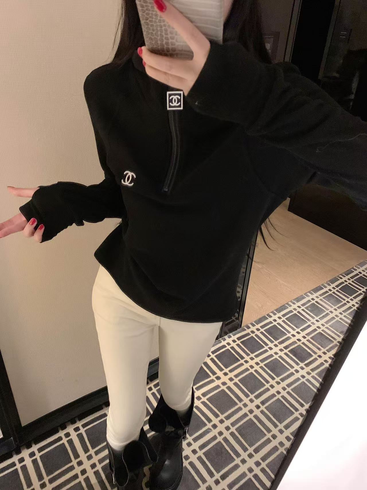 CHANE1 ハーフジップ フード付き ロングスリーブ Tシャツ【50％割引+送料無料】