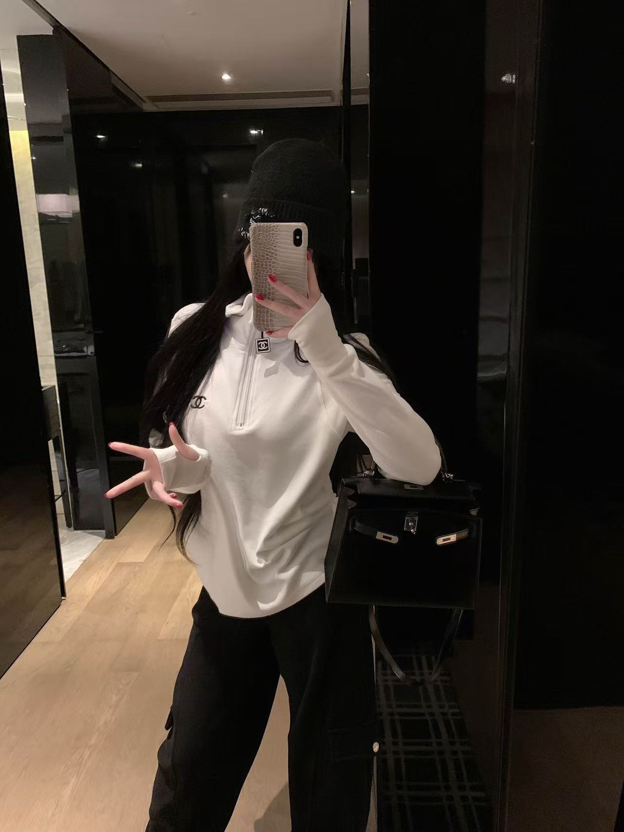 CHANE1 ハーフジップ フード付き ロングスリーブ Tシャツ【50％割引+送料無料】