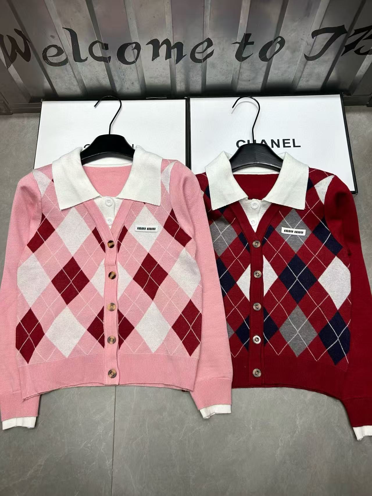 M1UM1U チェック柄ラペルウールカーディガン【50％割引+送料無料】