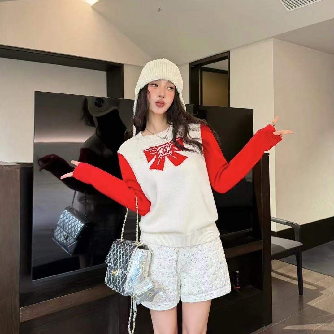 CHANE1 ボウタイカラーブロックウールセーター【50％割引+送料無料】