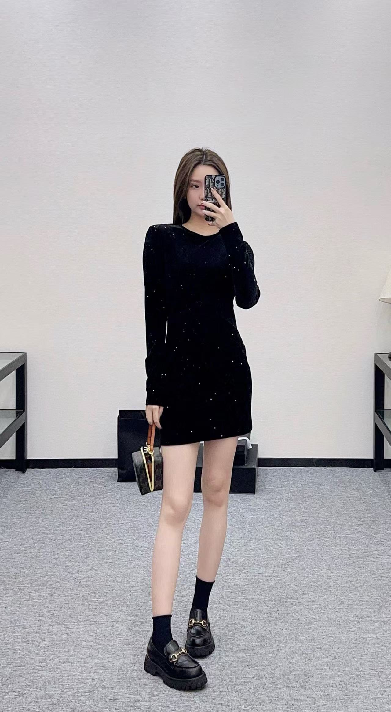 GUCC1 ベルベット ラインストーン ロングスリーブ ドレス【50％割引+送料無料】