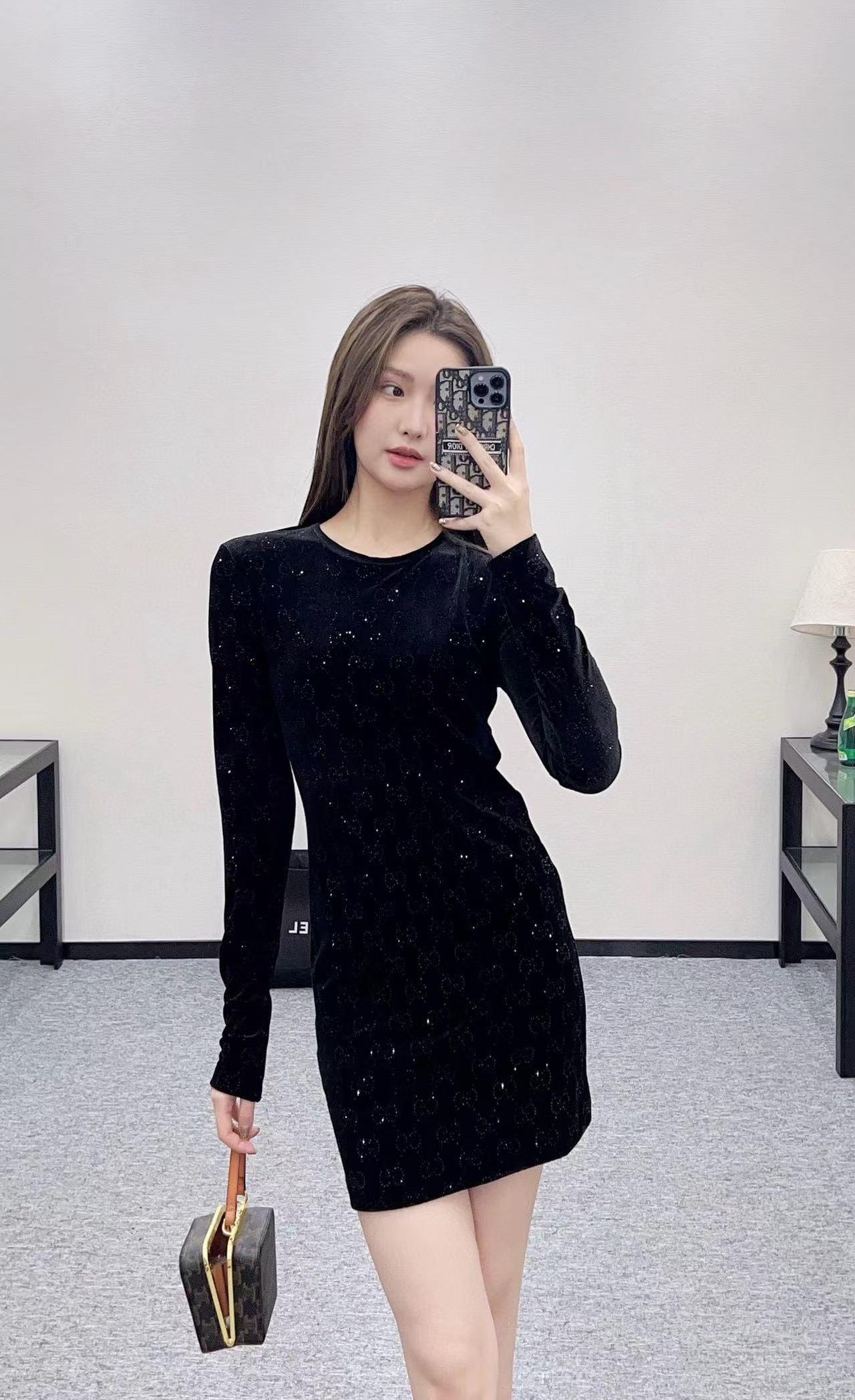 GUCC1 ベルベット ラインストーン ロングスリーブ ドレス【50％割引+送料無料】