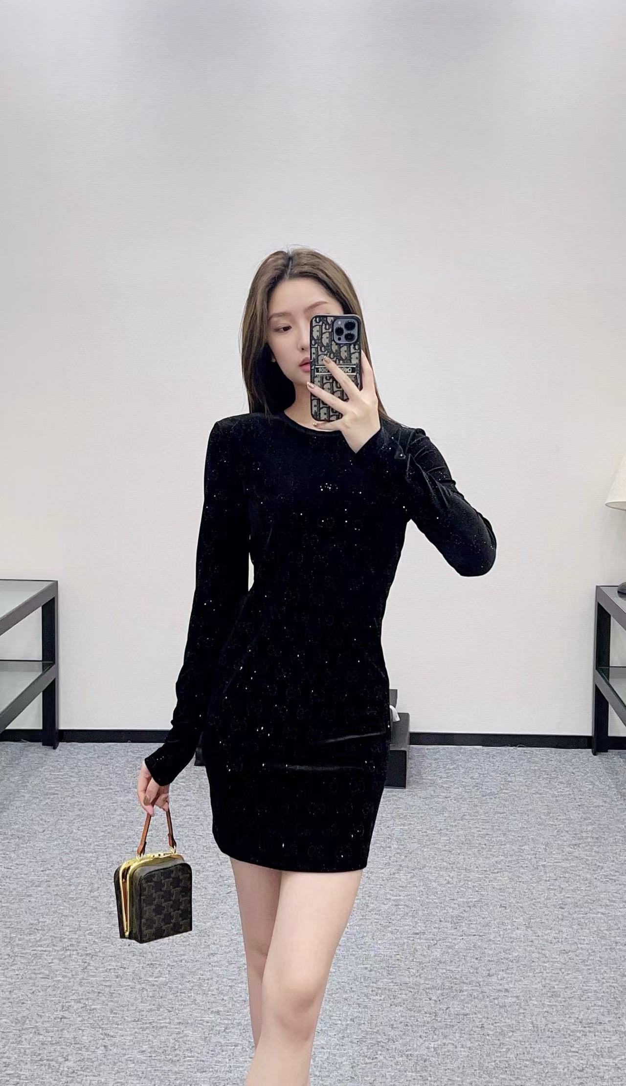 GUCC1 ベルベット ラインストーン ロングスリーブ ドレス【50％割引+送料無料】