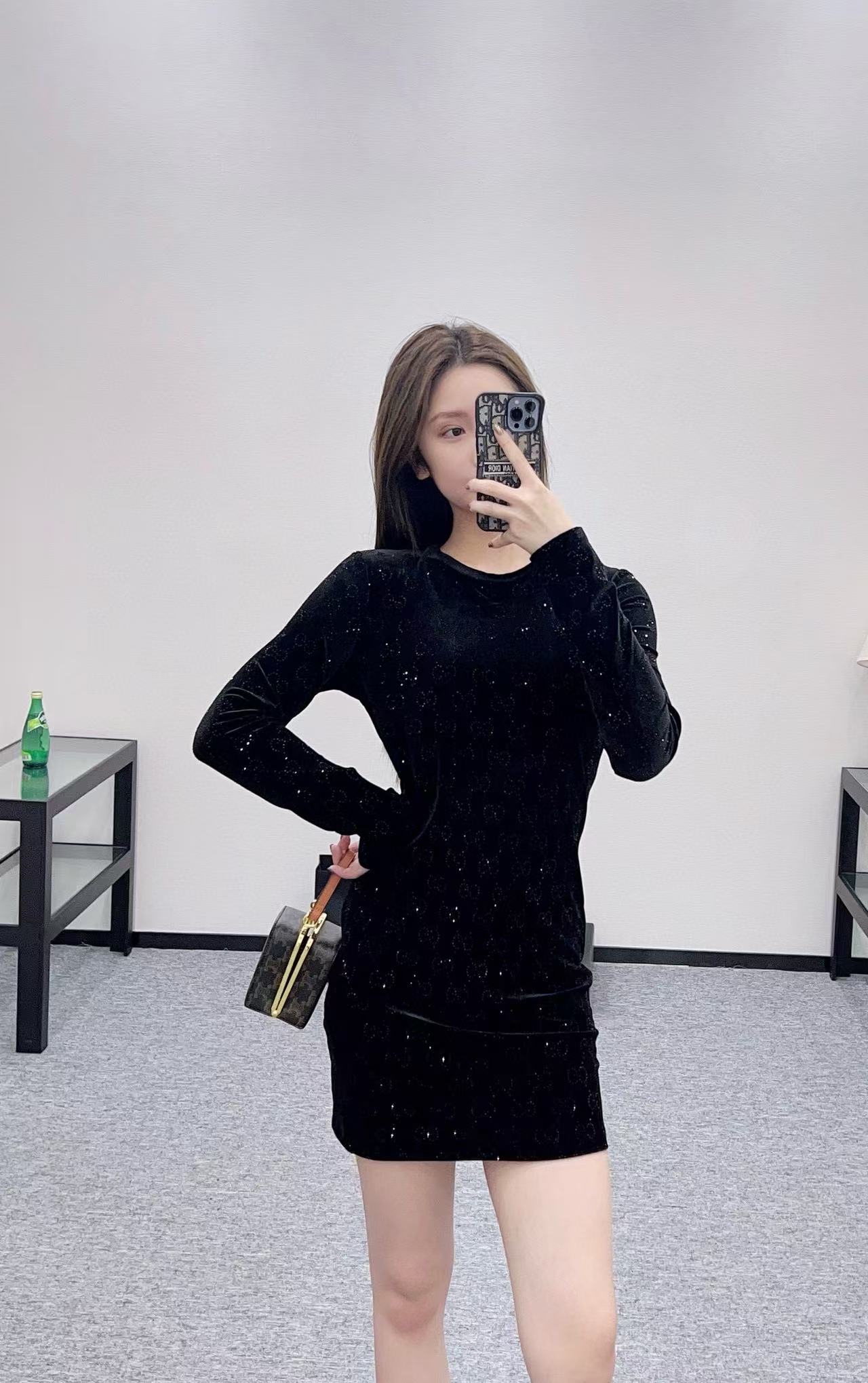 GUCC1 ベルベット ラインストーン ロングスリーブ ドレス【50％割引+送料無料】