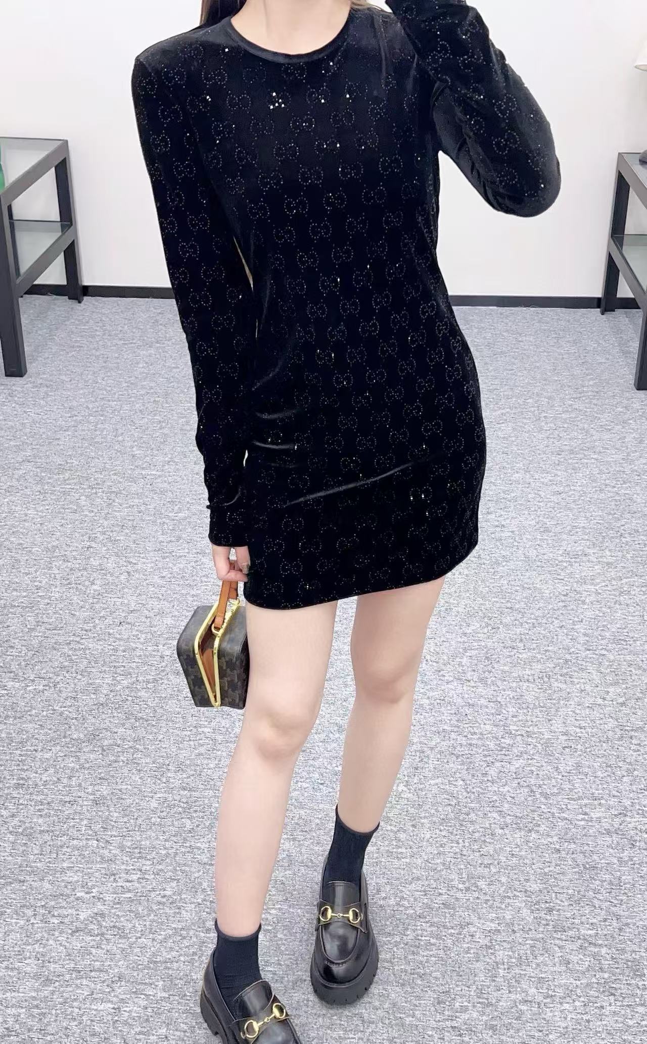 GUCC1 ベルベット ラインストーン ロングスリーブ ドレス【50％割引+送料無料】