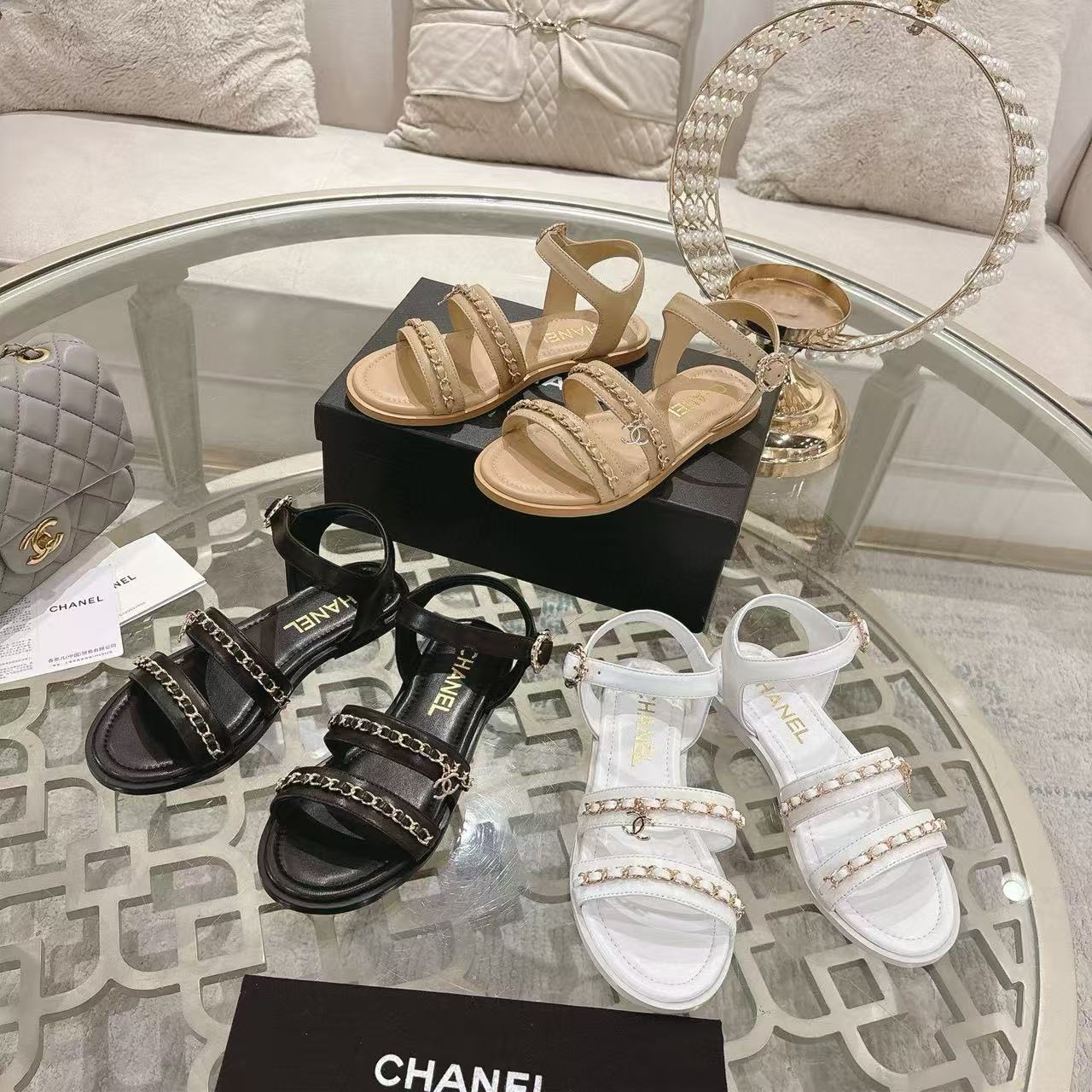 CHANE1 高品質シープスキンチェーンフラットサンダル【50％割引+送料無料】