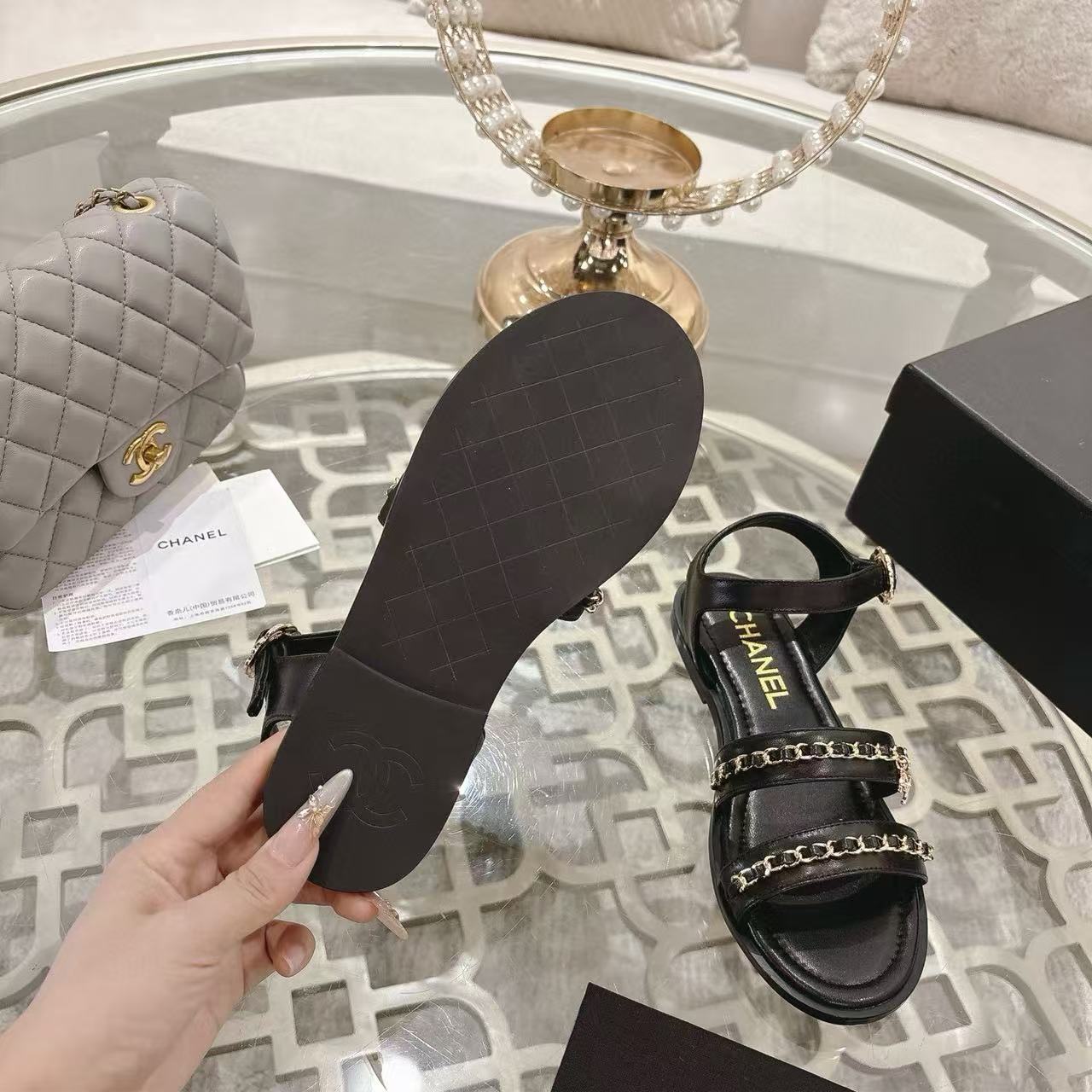 CHANE1 高品質シープスキンチェーンフラットサンダル【50％割引+送料無料】